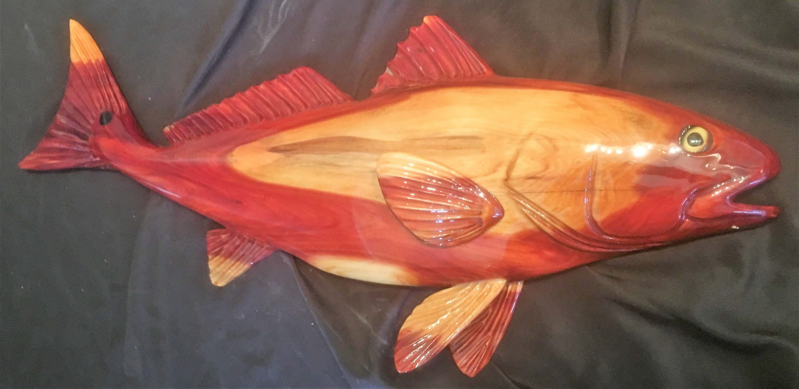 28″ Red Cedar Wood Red Fish Sculpture Half Mount Fish Carving
