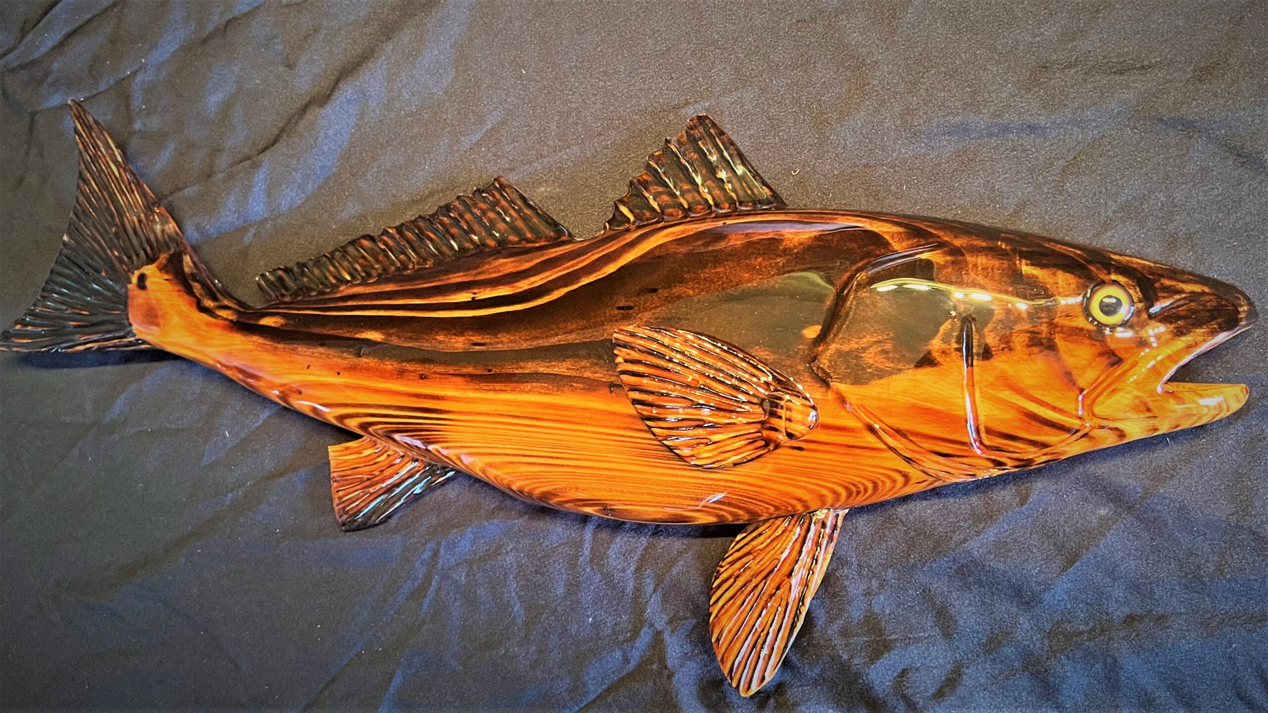 28″ Red Cypress Wood Red Fish Sculpture Half Mount Wall Carving