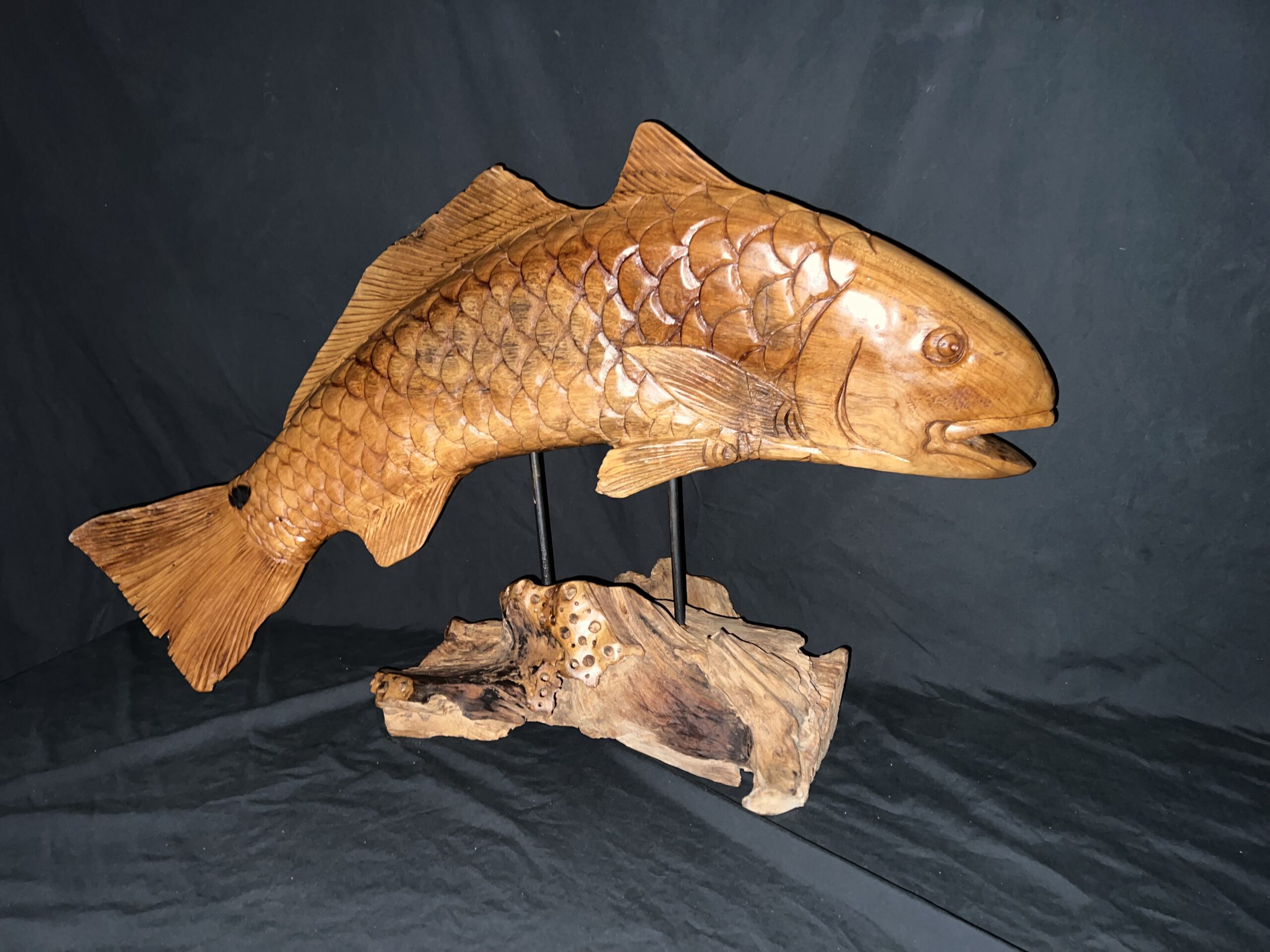 Teak Wood Abstract Red Fish/Drum Table Sculpture/Carving