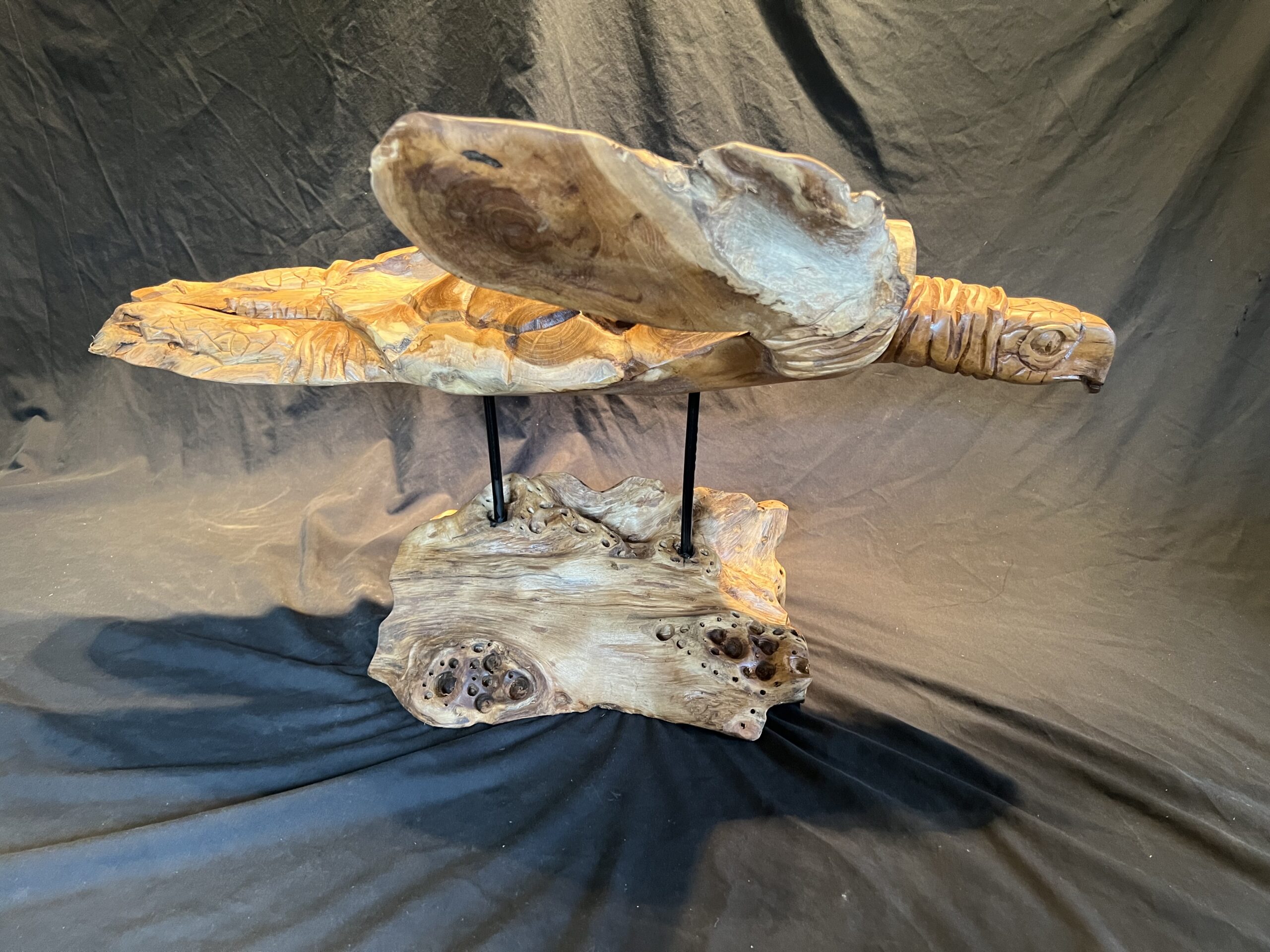Teak Wood Hand Carved Logger Head Sea Turtle Abstract Sculpture/Carving Mounted on Custom Teak Wood Base (Copy)