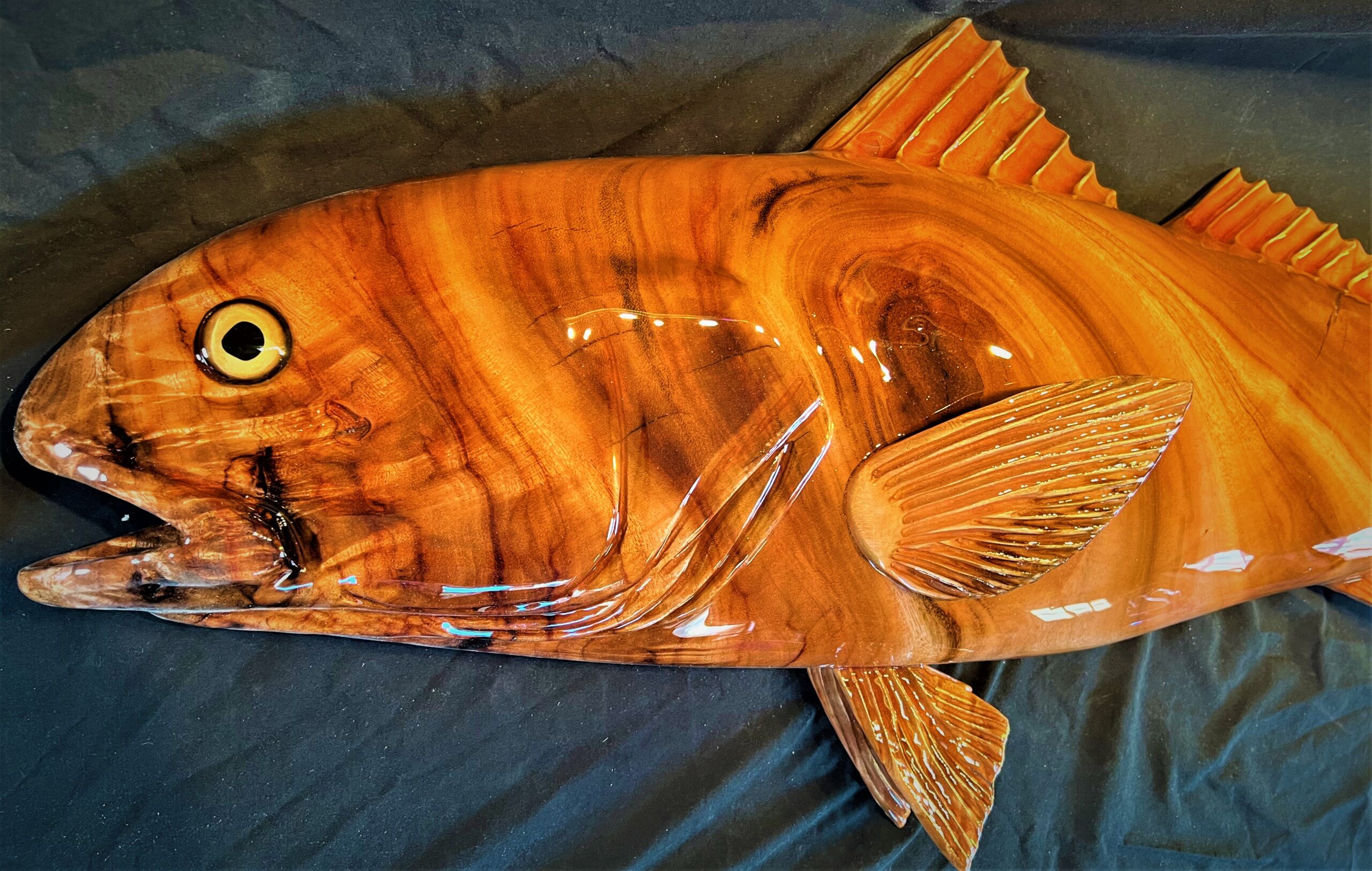 44″ Rescued Camphor Wood Red Fish Sculpture/Carving Wall Mount Art