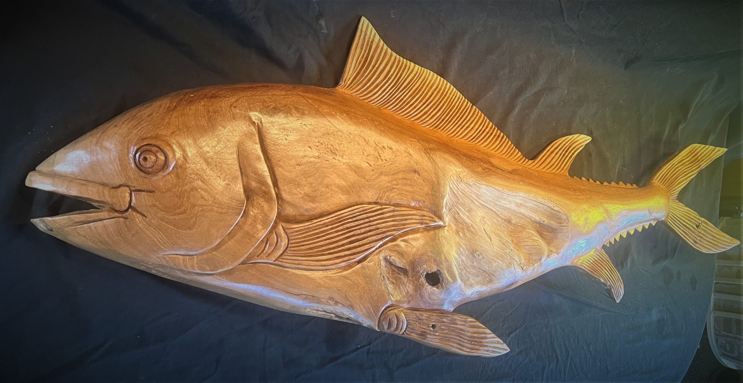 Teak Wood Abstract Tuna Fish Wall Sculpture/Carving