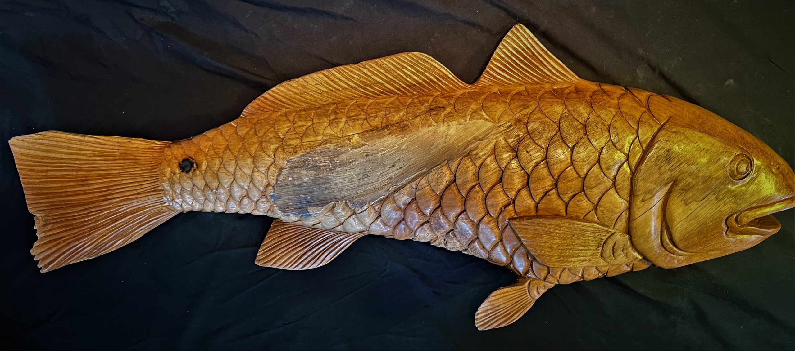 Teak Wood Abstract Red Fish/Drum Wall Sculpture/Carving