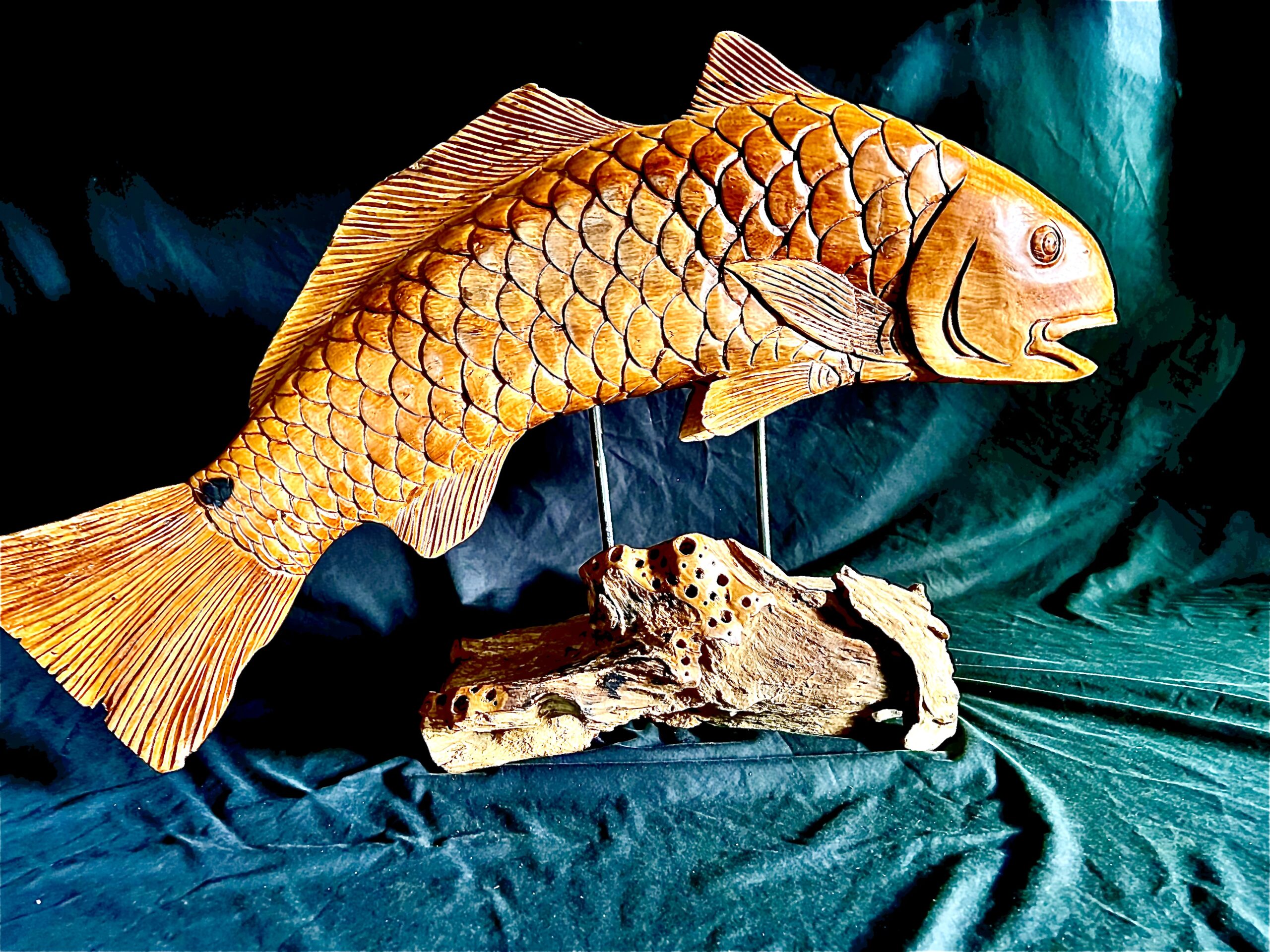 Teak Wood Abstract Red Fish/Drum Table Sculpture/Carving